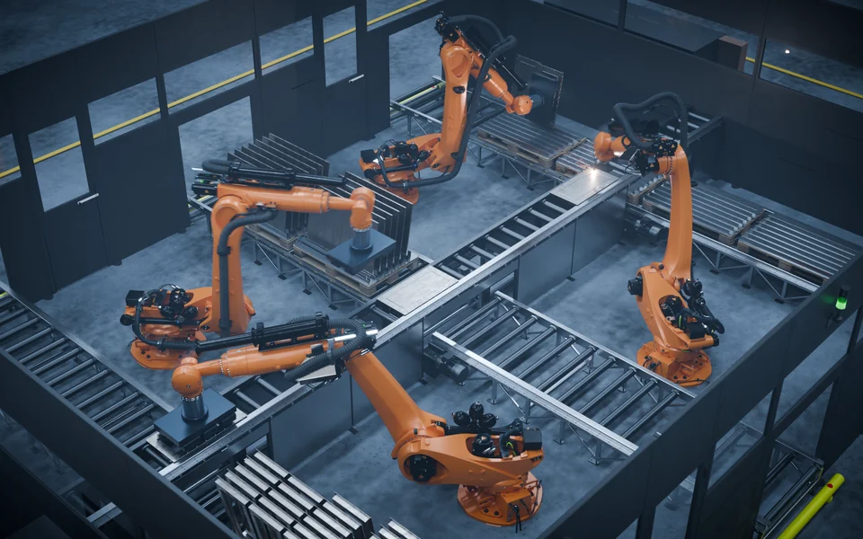 Renderöity hitsaussolu ja teollisuusrobotit