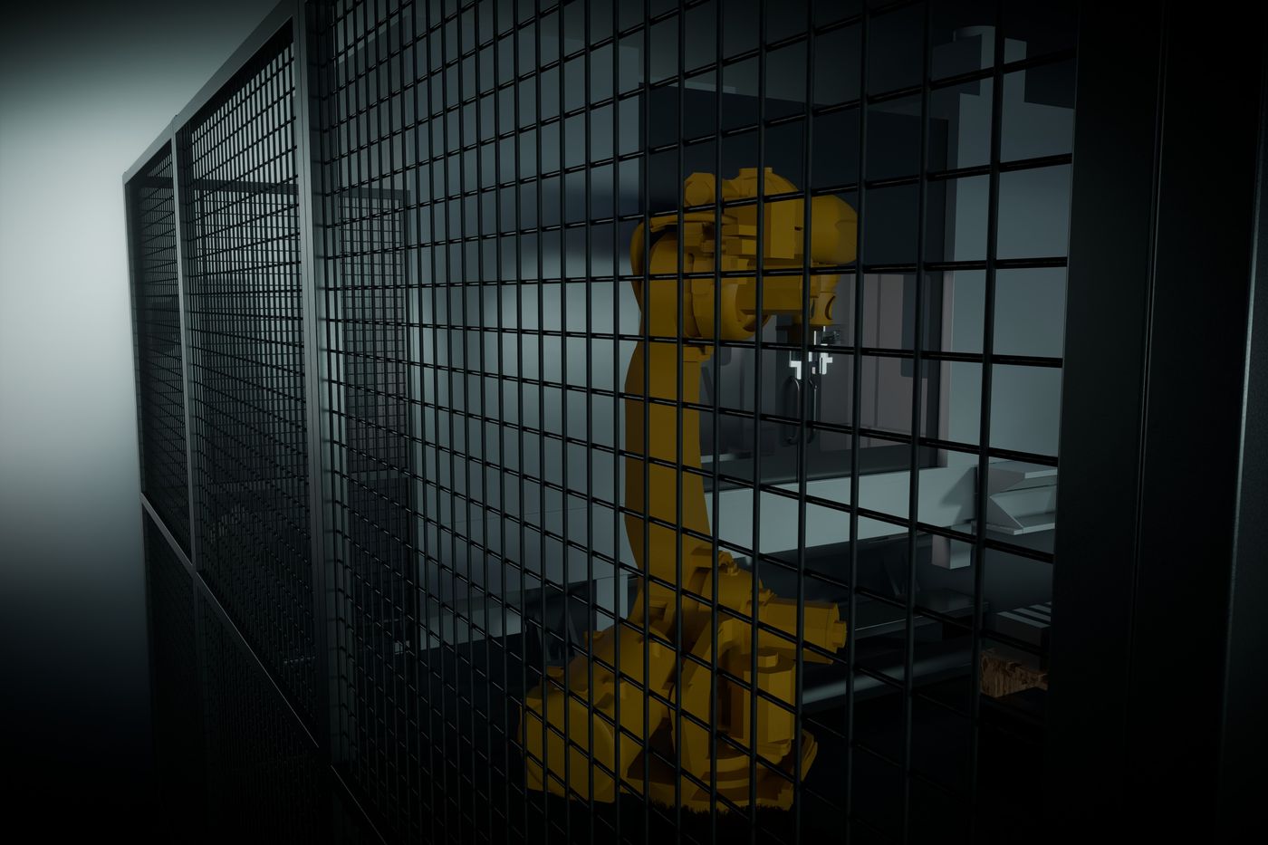 3D-renderöity CNC-koneen turva-aita ja teollisuusrobotti